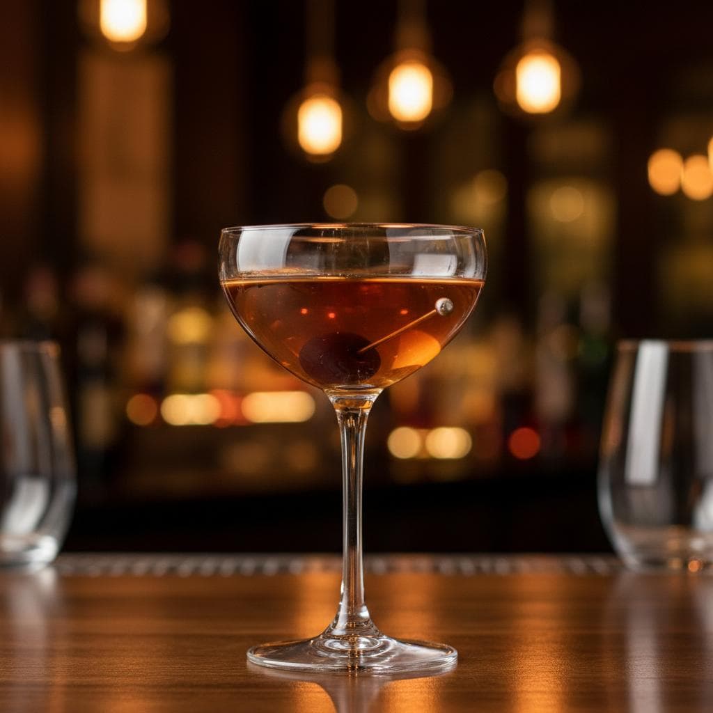 Classic Manhattan classic cocktail served in a coupe glass with whiskey