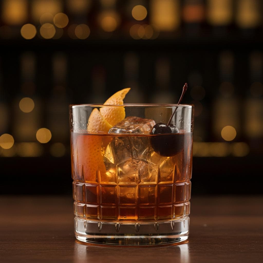 Old Fashioned classic cocktail served in a rocks glass with whiskey